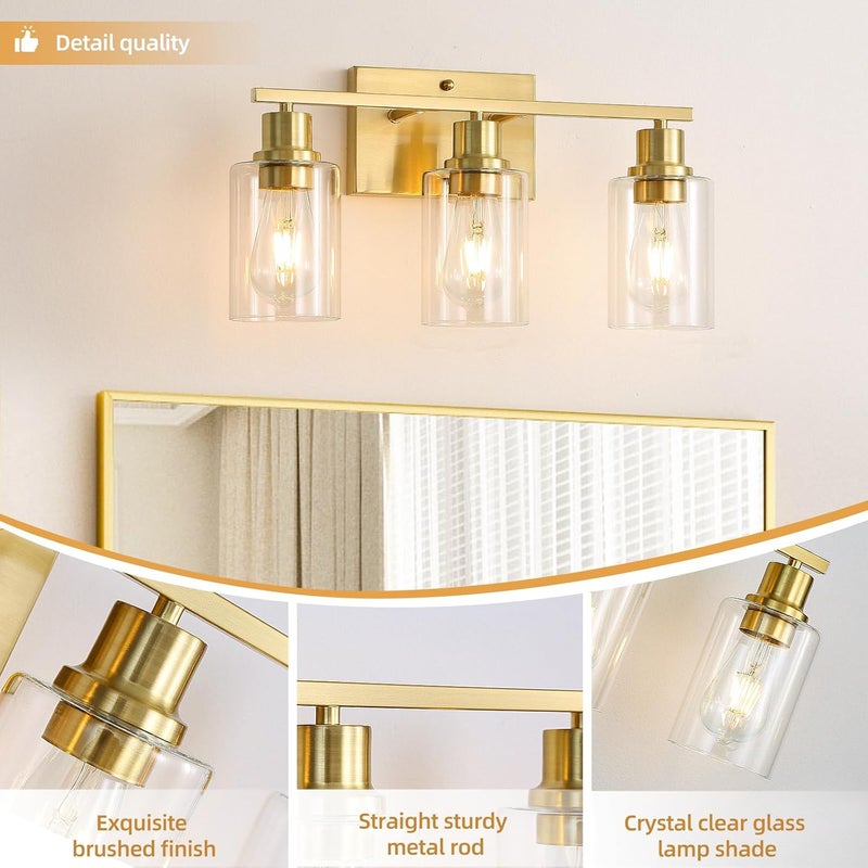 EMONG Gold Bathroom Light Fixtures, 3-Lights Vanity Light with Clear Glass Shade, Brushed Brass Wall Sconce for Hallway, Farmhouse, Living Room - Image 3